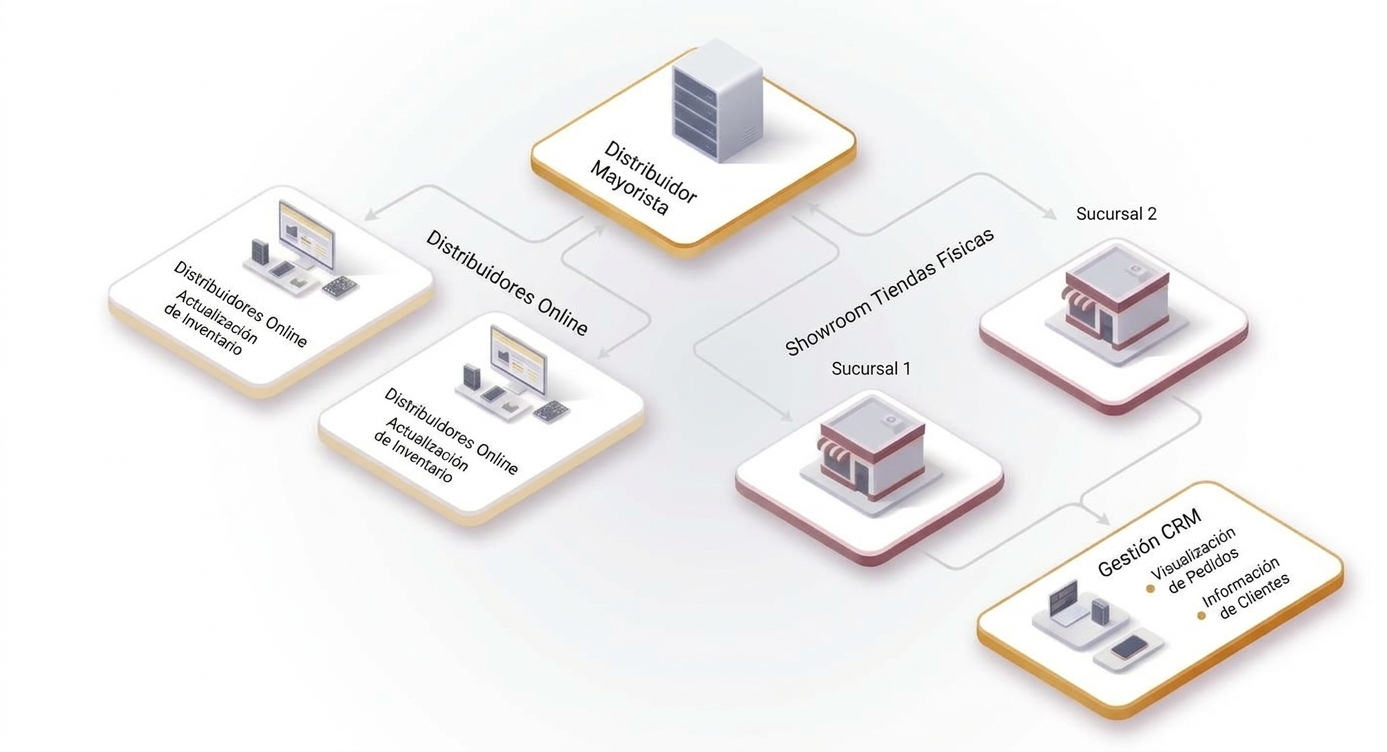 Esquema de distribuidores online, showroom de tiendas físicas y CRM del mayorista